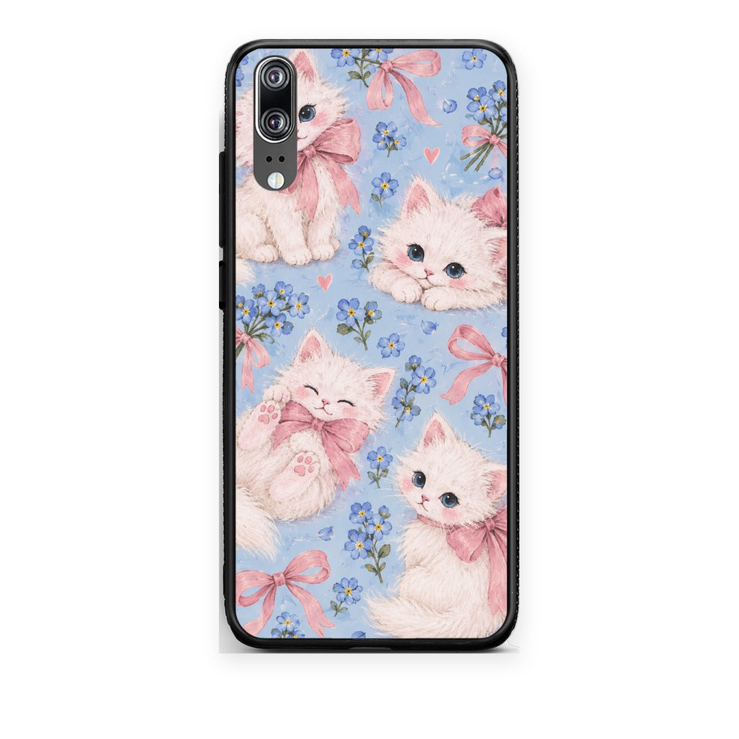 Θήκη Huawei P20 White Kittens and Blue Flowers Large από τη Smartfits με σχέδιο στο πίσω μέρος και μαύρο περίβλημα | Huawei P20 White Kittens and Blue Flowers Large case with colorful back and black bezels