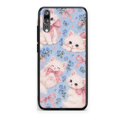 Θήκη Huawei P20 White Kittens and Blue Flowers Large από τη Smartfits με σχέδιο στο πίσω μέρος και μαύρο περίβλημα | Huawei P20 White Kittens and Blue Flowers Large case with colorful back and black bezels