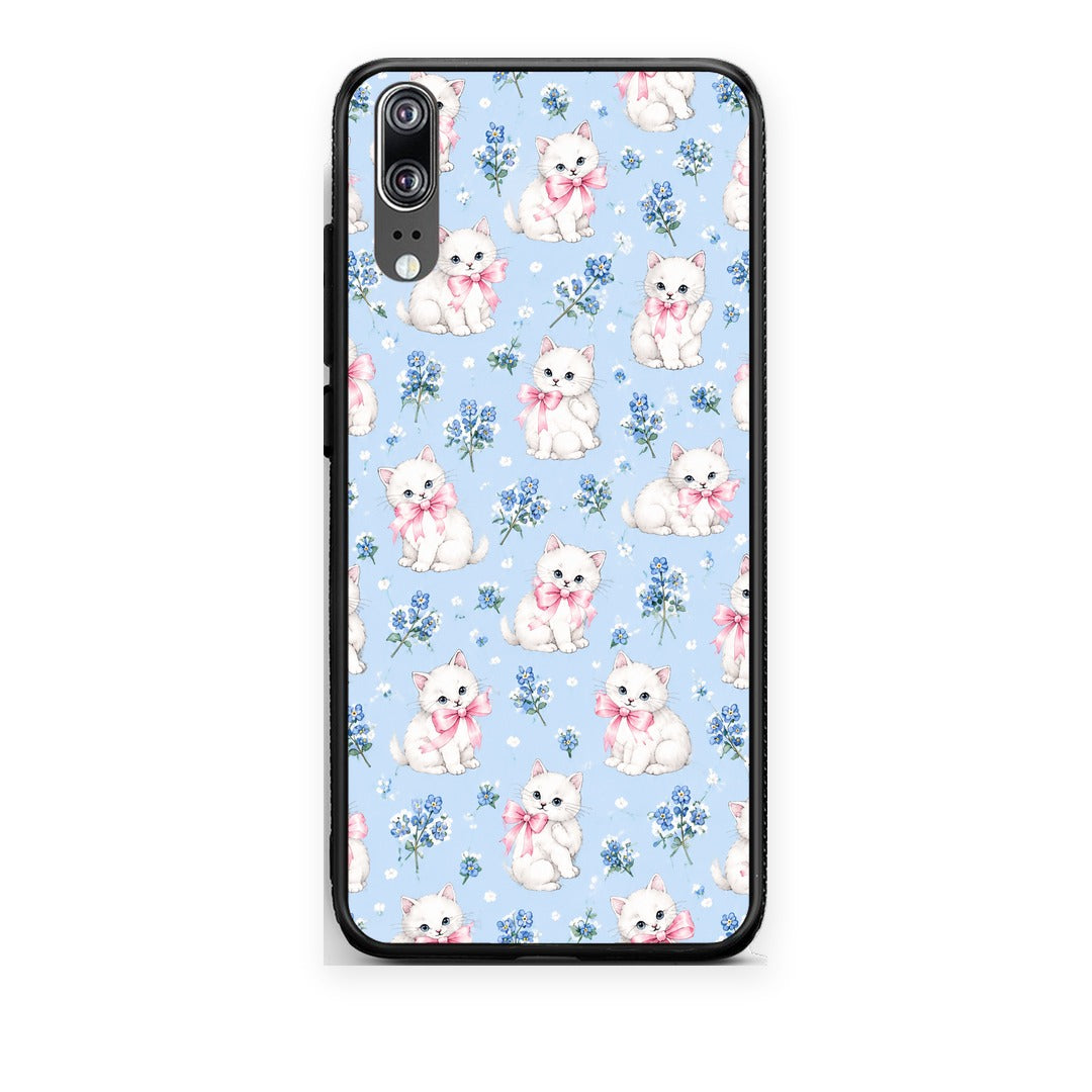 Θήκη Huawei P20 White Kittens and Blue Flowers Small από τη Smartfits με σχέδιο στο πίσω μέρος και μαύρο περίβλημα | Huawei P20 White Kittens and Blue Flowers Small case with colorful back and black bezels