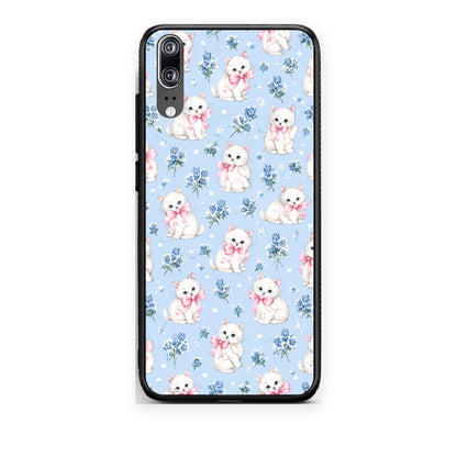 Θήκη Huawei P20 White Kittens and Blue Flowers Small από τη Smartfits με σχέδιο στο πίσω μέρος και μαύρο περίβλημα | Huawei P20 White Kittens and Blue Flowers Small case with colorful back and black bezels