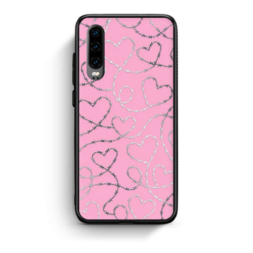Θήκη Huawei P30 Barbed Wire Hearts on Pink από τη Smartfits με σχέδιο στο πίσω μέρος και μαύρο περίβλημα | Huawei P30 Barbed Wire Hearts on Pink case with colorful back and black bezels
