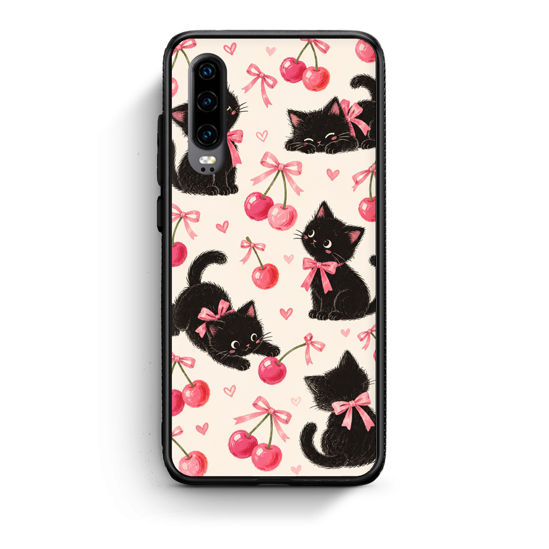 Θήκη Huawei P30 Black Kittens and Cherries on Cream από τη Smartfits με σχέδιο στο πίσω μέρος και μαύρο περίβλημα | Huawei P30 Black Kittens and Cherries on Cream case with colorful back and black bezels
