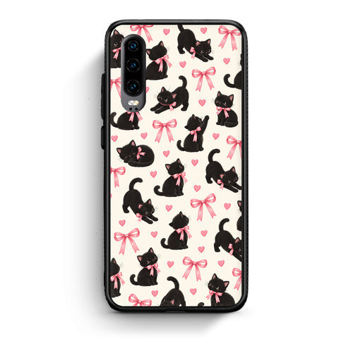 Θήκη Huawei P30 Black Kittens and Pink Bows on Cream Small από τη Smartfits με σχέδιο στο πίσω μέρος και μαύρο περίβλημα | Huawei P30 Black Kittens and Pink Bows on Cream Small case with colorful back and black bezels