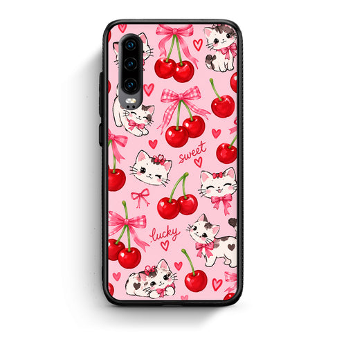 Θήκη Huawei P30 Cherries Bows and Kittens on Pink από τη Smartfits με σχέδιο στο πίσω μέρος και μαύρο περίβλημα | Huawei P30 Cherries Bows and Kittens on Pink case with colorful back and black bezels