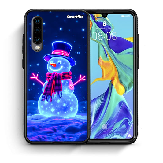 Θήκη Huawei P30 Christmas Neon Snowman από τη Smartfits με σχέδιο στο πίσω μέρος και μαύρο περίβλημα | Huawei P30 Christmas Neon Snowman case with colorful back and black bezels
