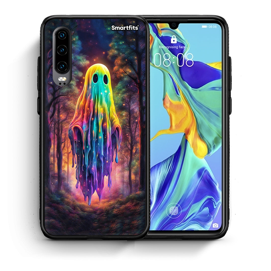 Θήκη Huawei P30 Halloween Ghost από τη Smartfits με σχέδιο στο πίσω μέρος και μαύρο περίβλημα | Huawei P30 Halloween Ghost case with colorful back and black bezels