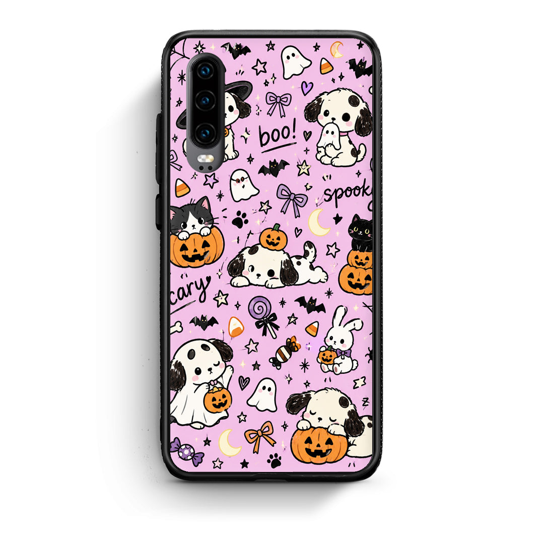 Θήκη Huawei P30 Halloween Puppies and Friends on Lilac από τη Smartfits με σχέδιο στο πίσω μέρος και μαύρο περίβλημα | Huawei P30 Halloween Puppies and Friends on Lilac case with colorful back and black bezels