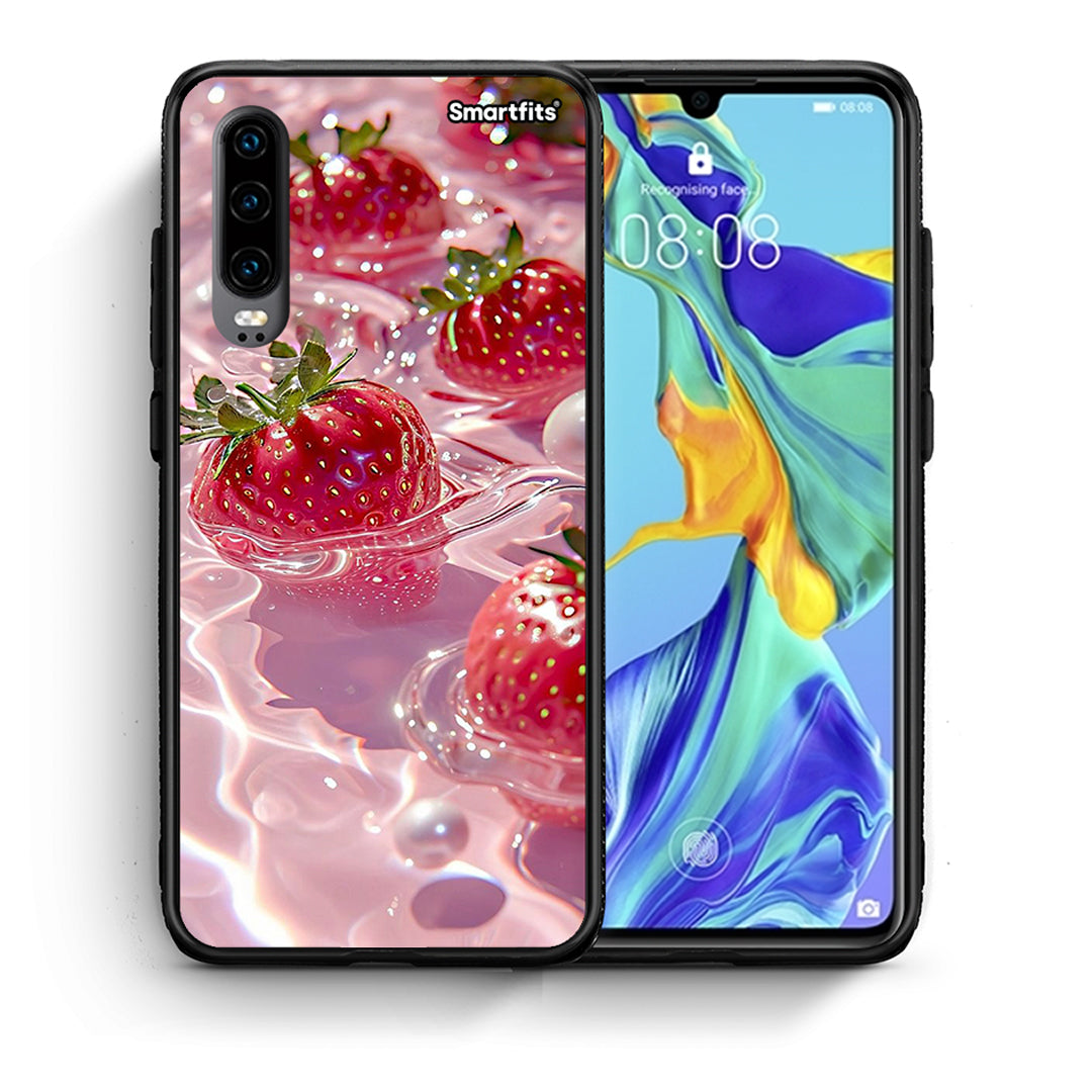 Θήκη Huawei P30 Juicy Strawberries από τη Smartfits με σχέδιο στο πίσω μέρος και μαύρο περίβλημα | Huawei P30 Juicy Strawberries case with colorful back and black bezels