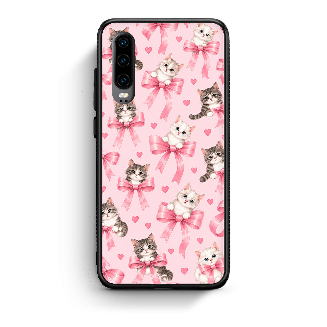 Θήκη Huawei P30 Kittens and Pink Bows on Pink από τη Smartfits με σχέδιο στο πίσω μέρος και μαύρο περίβλημα | Huawei P30 Kittens and Pink Bows on Pink case with colorful back and black bezels