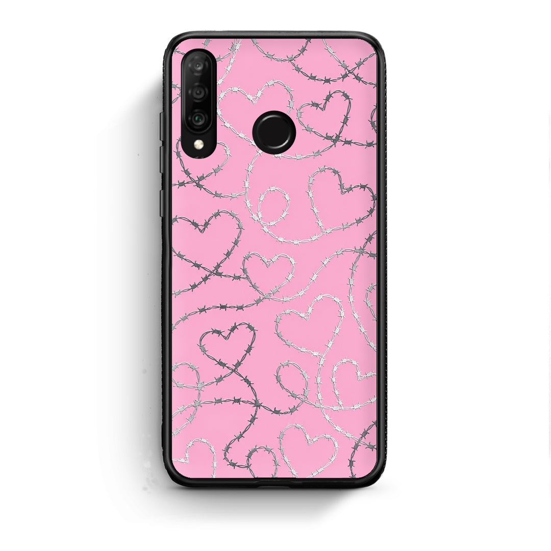 Θήκη Huawei P30 Lite Barbed Wire Hearts on Pink από τη Smartfits με σχέδιο στο πίσω μέρος και μαύρο περίβλημα | Huawei P30 Lite Barbed Wire Hearts on Pink case with colorful back and black bezels
