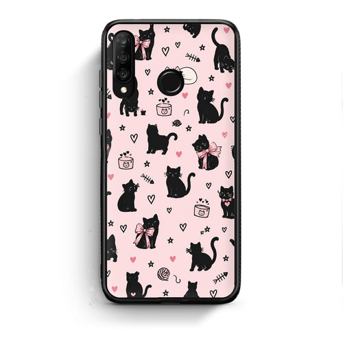 Θήκη Huawei P30 Lite Black Cat Doodles on Pink από τη Smartfits με σχέδιο στο πίσω μέρος και μαύρο περίβλημα | Huawei P30 Lite Black Cat Doodles on Pink case with colorful back and black bezels