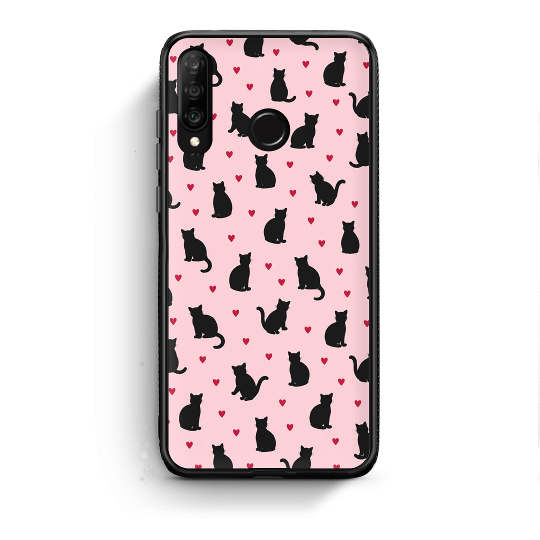 Θήκη Huawei P30 Lite Black Cat Silhouettes and Hearts on Pink από τη Smartfits με σχέδιο στο πίσω μέρος και μαύρο περίβλημα | Huawei P30 Lite Black Cat Silhouettes and Hearts on Pink case with colorful back and black bezels