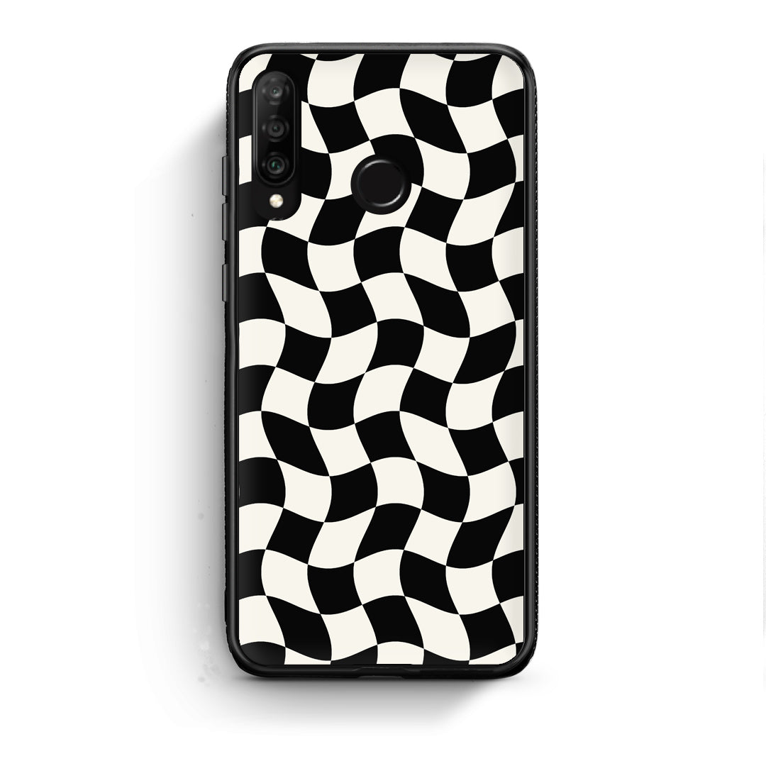 Θήκη Huawei P30 Lite Black and Cream Wavy Checkerboard από τη Smartfits με σχέδιο στο πίσω μέρος και μαύρο περίβλημα | Huawei P30 Lite Black and Cream Wavy Checkerboard case with colorful back and black bezels