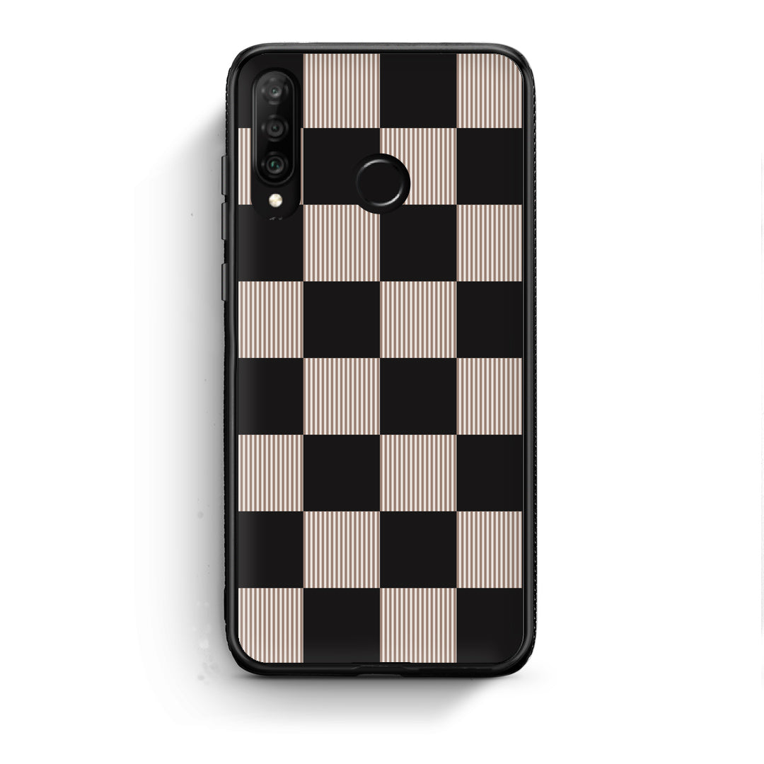 Θήκη Huawei P30 Lite Black and Taupe Striped Checks από τη Smartfits με σχέδιο στο πίσω μέρος και μαύρο περίβλημα | Huawei P30 Lite Black and Taupe Striped Checks case with colorful back and black bezels