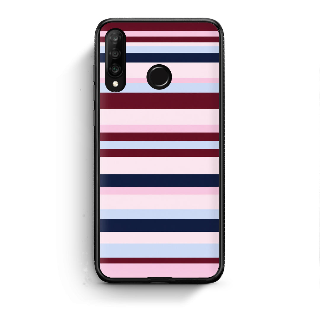 Θήκη Huawei P30 Lite Burgundy Pink and Blue Horizontal Stripes από τη Smartfits με σχέδιο στο πίσω μέρος και μαύρο περίβλημα | Huawei P30 Lite Burgundy Pink and Blue Horizontal Stripes case with colorful back and black bezels