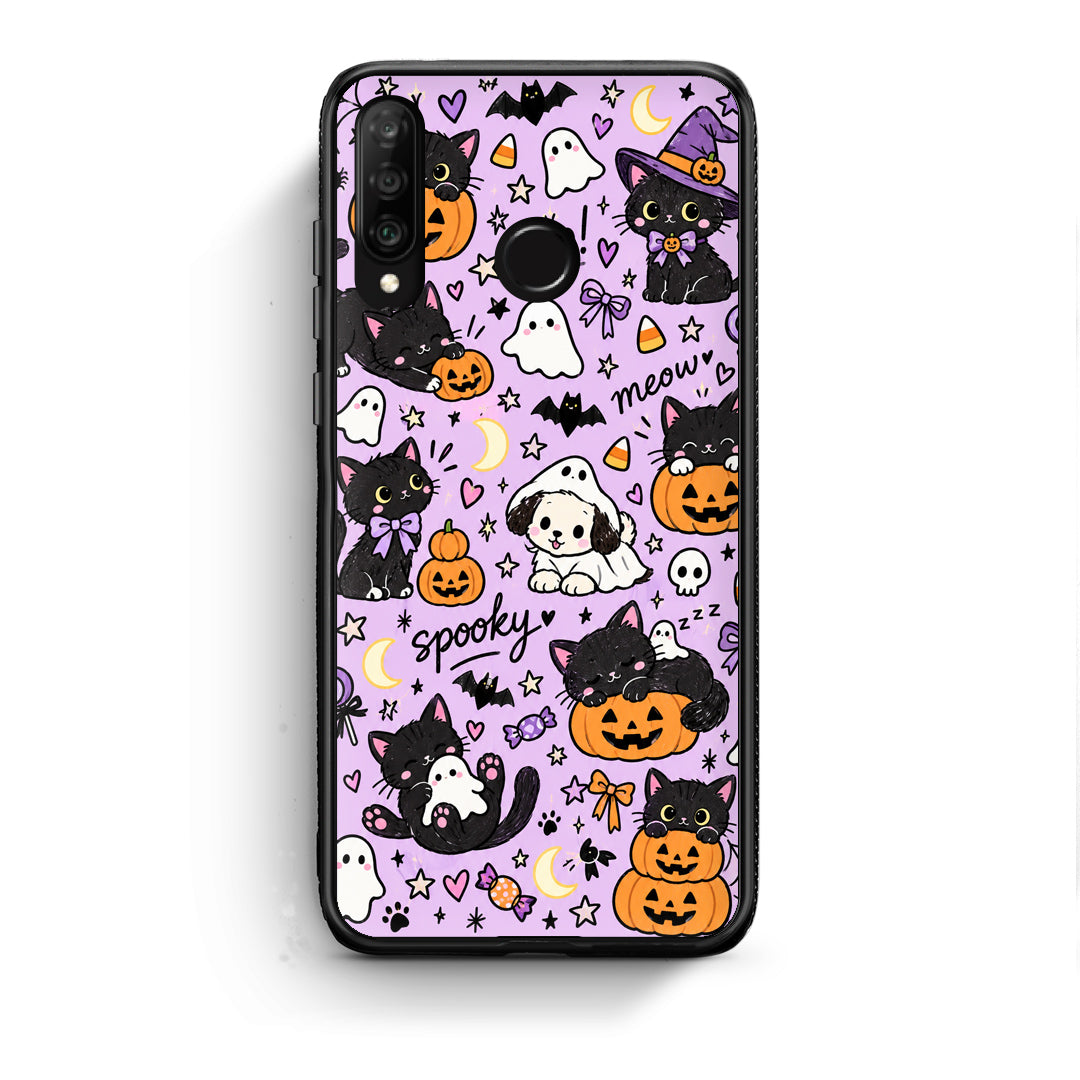 Θήκη Huawei P30 Lite Halloween Black Cats on Lilac από τη Smartfits με σχέδιο στο πίσω μέρος και μαύρο περίβλημα | Huawei P30 Lite Halloween Black Cats on Lilac case with colorful back and black bezels