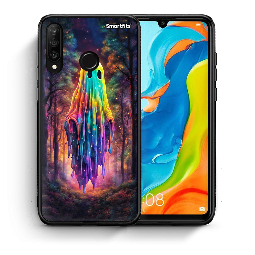 Θήκη Huawei P30 Lite Halloween Ghost από τη Smartfits με σχέδιο στο πίσω μέρος και μαύρο περίβλημα | Huawei P30 Lite Halloween Ghost case with colorful back and black bezels
