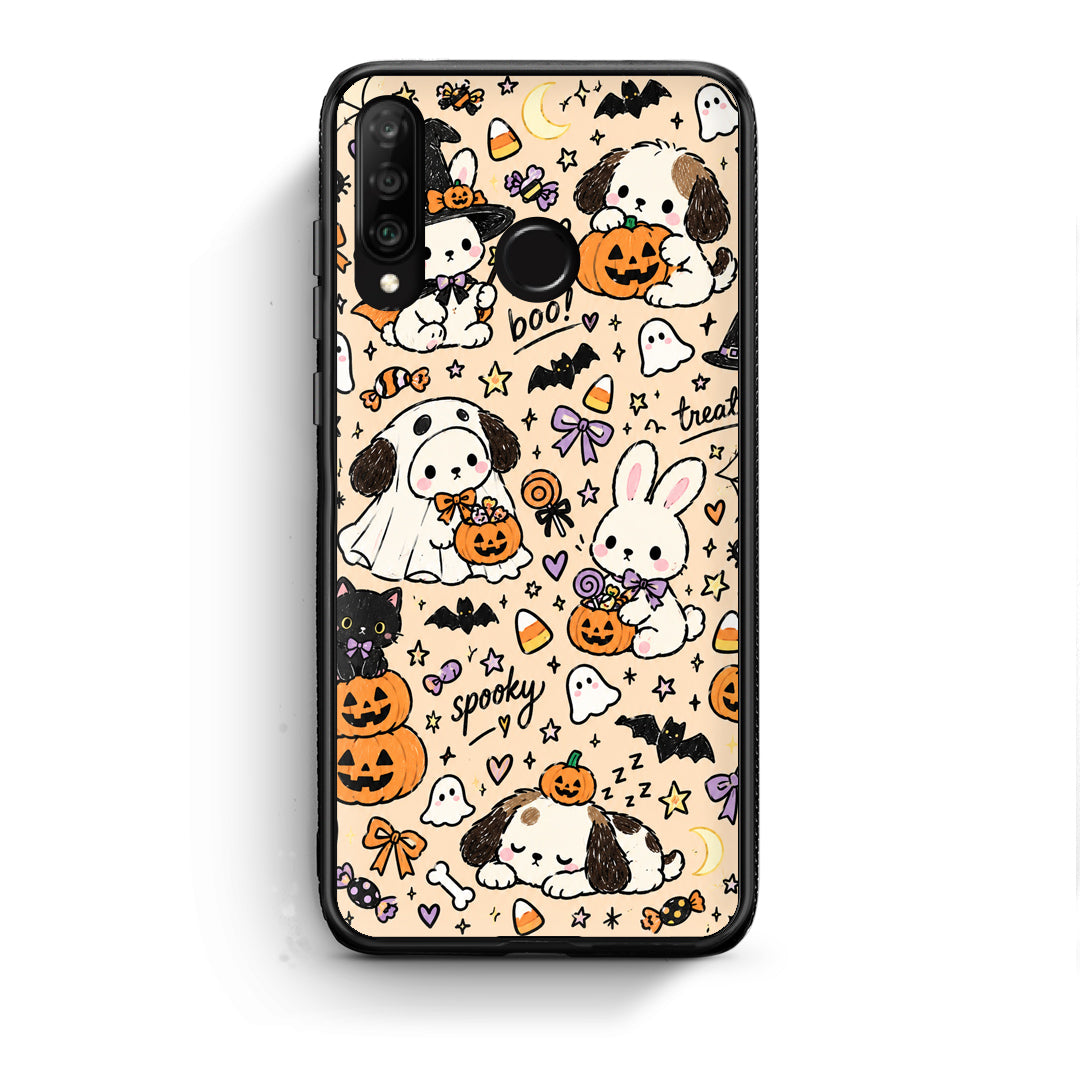 Θήκη Huawei P30 Lite Halloween Puppies and Friends on Cream από τη Smartfits με σχέδιο στο πίσω μέρος και μαύρο περίβλημα | Huawei P30 Lite Halloween Puppies and Friends on Cream case with colorful back and black bezels