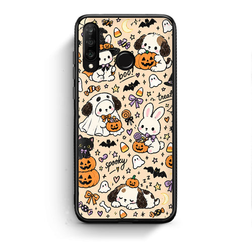 Θήκη Huawei P30 Lite Halloween Puppies and Friends on Cream από τη Smartfits με σχέδιο στο πίσω μέρος και μαύρο περίβλημα | Huawei P30 Lite Halloween Puppies and Friends on Cream case with colorful back and black bezels