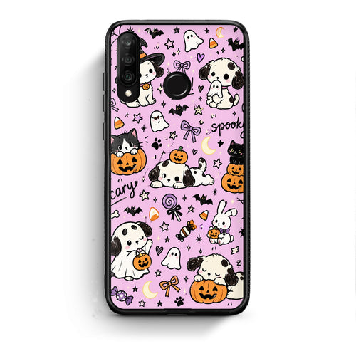 Θήκη Huawei P30 Lite Halloween Puppies and Friends on Lilac από τη Smartfits με σχέδιο στο πίσω μέρος και μαύρο περίβλημα | Huawei P30 Lite Halloween Puppies and Friends on Lilac case with colorful back and black bezels