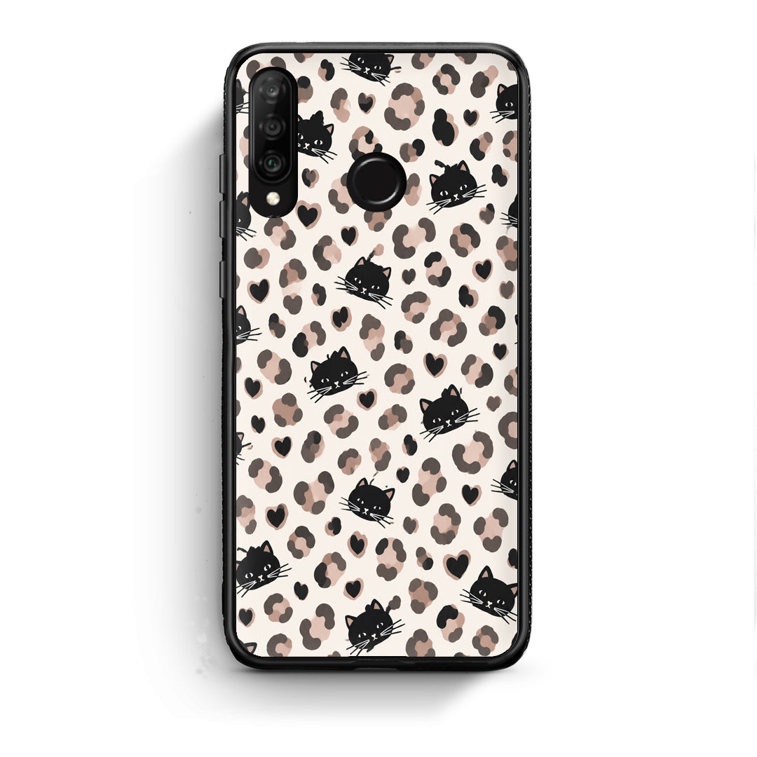 Θήκη Huawei P30 Lite Leopard Spots and Black Cats on Cream από τη Smartfits με σχέδιο στο πίσω μέρος και μαύρο περίβλημα | Huawei P30 Lite Leopard Spots and Black Cats on Cream case with colorful back and black bezels
