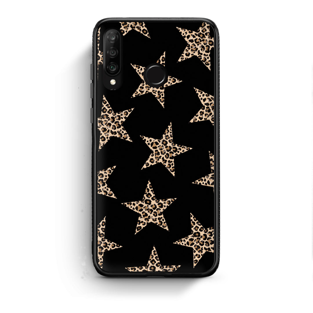 Θήκη Huawei P30 Lite Leopard Stars on Black από τη Smartfits με σχέδιο στο πίσω μέρος και μαύρο περίβλημα | Huawei P30 Lite Leopard Stars on Black case with colorful back and black bezels