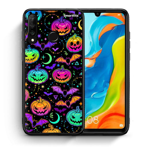 Θήκη Huawei P30 Lite Neon Halloween από τη Smartfits με σχέδιο στο πίσω μέρος και μαύρο περίβλημα | Huawei P30 Lite Neon Halloween case with colorful back and black bezels