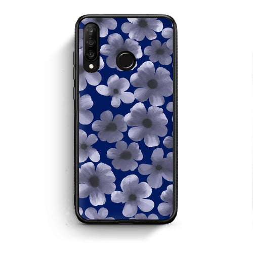 Θήκη Huawei P30 Lite Pale Blue Flowers on Navy από τη Smartfits με σχέδιο στο πίσω μέρος και μαύρο περίβλημα | Huawei P30 Lite Pale Blue Flowers on Navy case with colorful back and black bezels