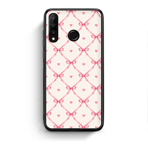 Θήκη Huawei P30 Lite Pink Bow Lattice and Hearts on Cream από τη Smartfits με σχέδιο στο πίσω μέρος και μαύρο περίβλημα | Huawei P30 Lite Pink Bow Lattice and Hearts on Cream case with colorful back and black bezels