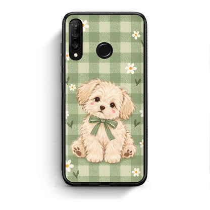 Θήκη Huawei P30 Lite Puppy and Daisies on Sage Gingham από τη Smartfits με σχέδιο στο πίσω μέρος και μαύρο περίβλημα | Huawei P30 Lite Puppy and Daisies on Sage Gingham case with colorful back and black bezels