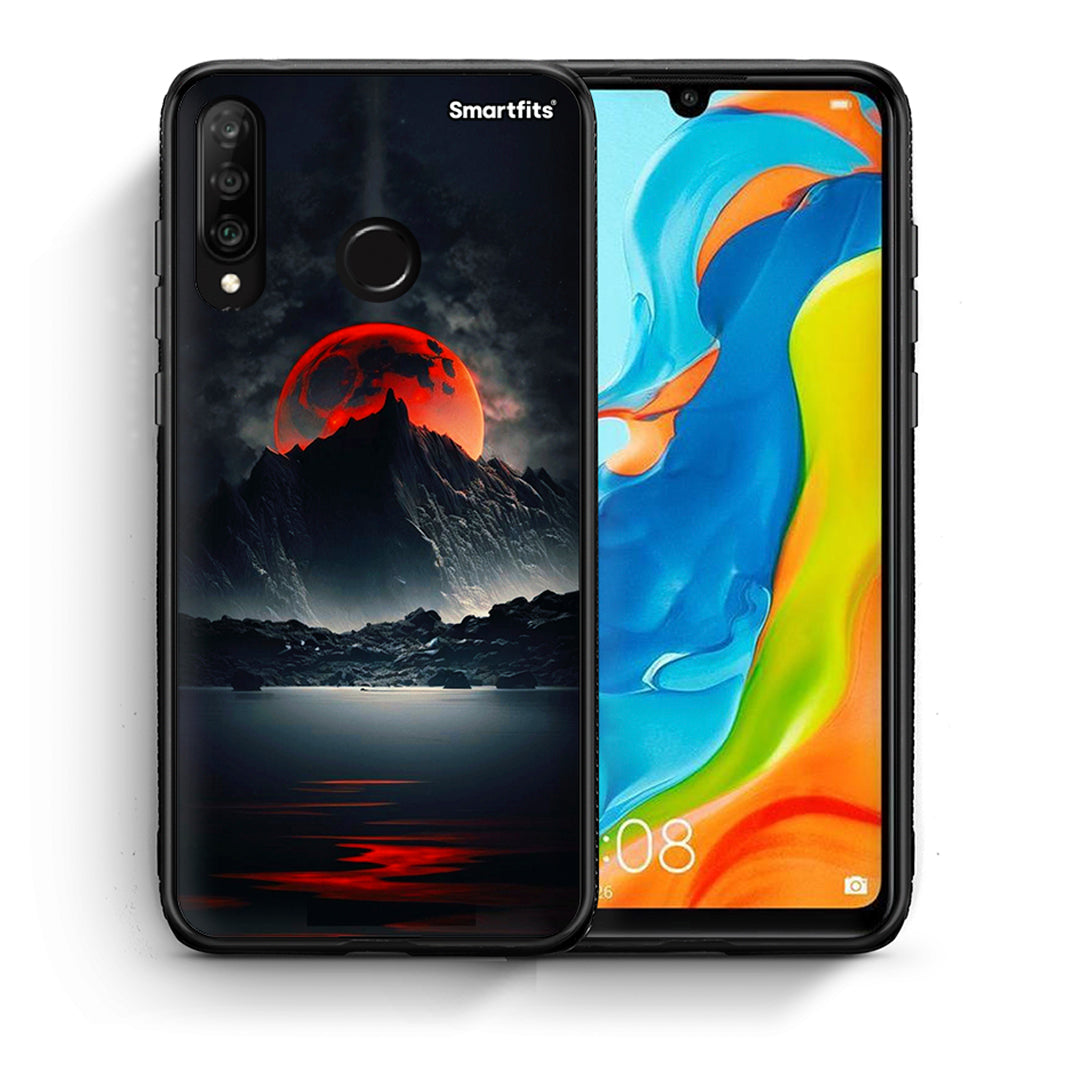 Θήκη Huawei P30 Lite Red Full Moon από τη Smartfits με σχέδιο στο πίσω μέρος και μαύρο περίβλημα | Huawei P30 Lite Red Full Moon case with colorful back and black bezels