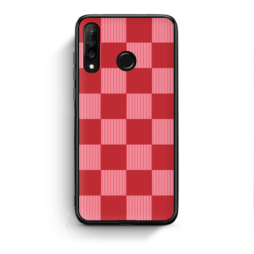 Θήκη Huawei P30 Lite Red and Pink Striped Checks από τη Smartfits με σχέδιο στο πίσω μέρος και μαύρο περίβλημα | Huawei P30 Lite Red and Pink Striped Checks case with colorful back and black bezels
