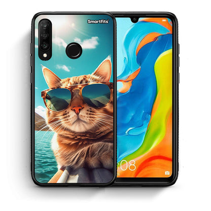 Θήκη Huawei P30 Lite Summer Cat από τη Smartfits με σχέδιο στο πίσω μέρος και μαύρο περίβλημα | Huawei P30 Lite Summer Cat case with colorful back and black bezels