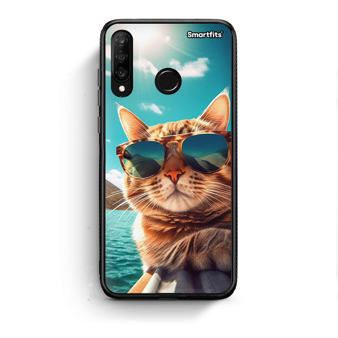 Huawei P30 Lite Summer Cat θήκη από τη Smartfits με σχέδιο στο πίσω μέρος και μαύρο περίβλημα | Smartphone case with colorful back and black bezels by Smartfits