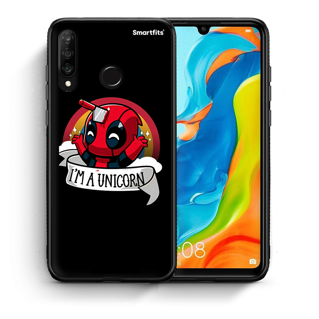 Θήκη Huawei P30 Lite Unicorn Deadpool από τη Smartfits με σχέδιο στο πίσω μέρος και μαύρο περίβλημα | Huawei P30 Lite Unicorn Deadpool case with colorful back and black bezels