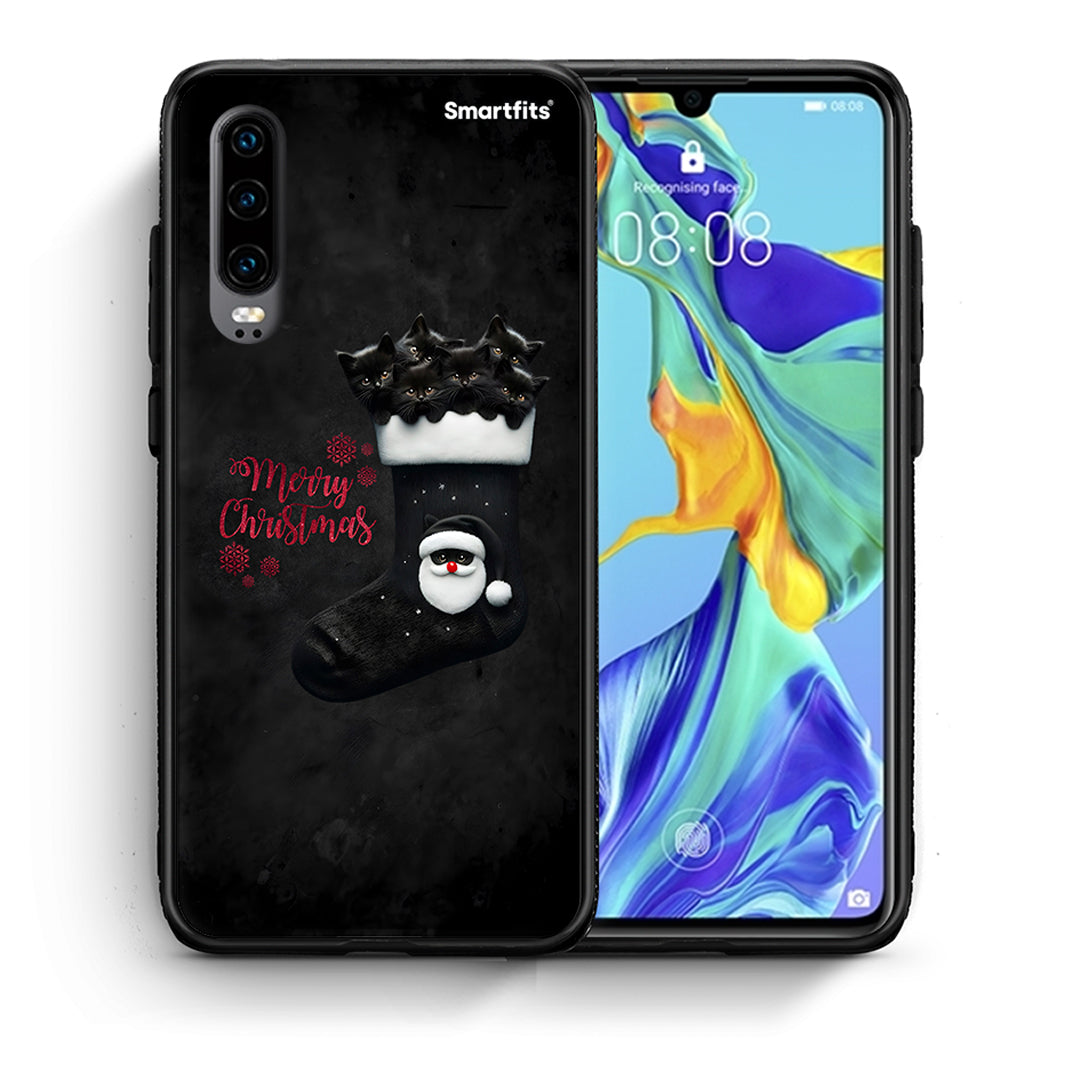 Θήκη Huawei P30 Merry Cat Christmas από τη Smartfits με σχέδιο στο πίσω μέρος και μαύρο περίβλημα | Huawei P30 Merry Cat Christmas case with colorful back and black bezels