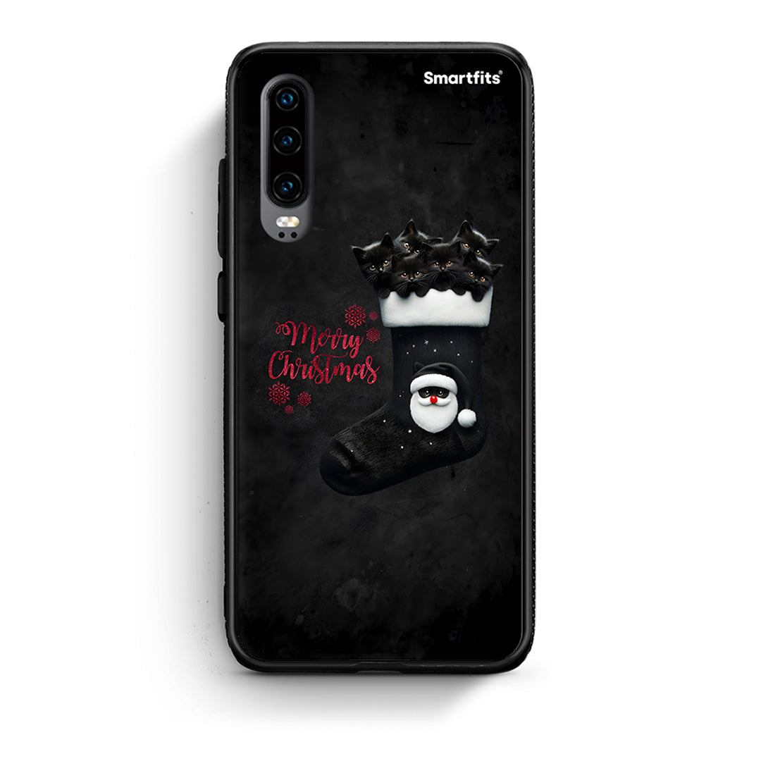 Huawei P30 Merry Cat Christmas θήκη από τη Smartfits με σχέδιο στο πίσω μέρος και μαύρο περίβλημα | Smartphone case with colorful back and black bezels by Smartfits
