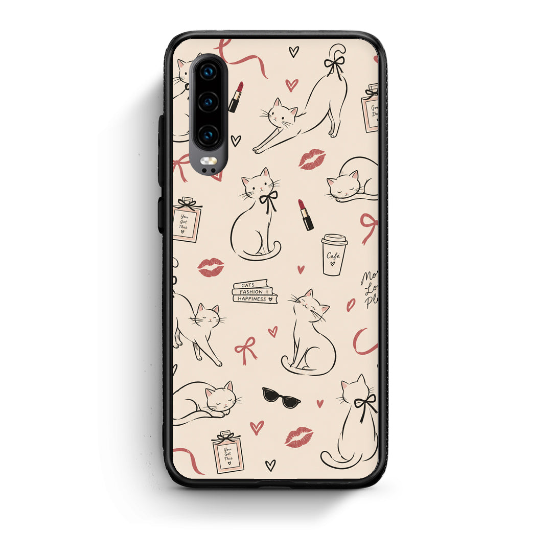 Θήκη Huawei P30 Minimal Cat and Fashion Doodles on Cream από τη Smartfits με σχέδιο στο πίσω μέρος και μαύρο περίβλημα | Huawei P30 Minimal Cat and Fashion Doodles on Cream case with colorful back and black bezels