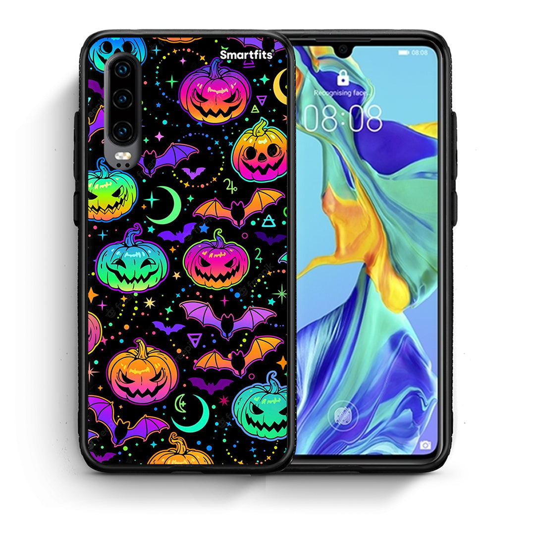 Θήκη Huawei P30 Neon Halloween από τη Smartfits με σχέδιο στο πίσω μέρος και μαύρο περίβλημα | Huawei P30 Neon Halloween case with colorful back and black bezels