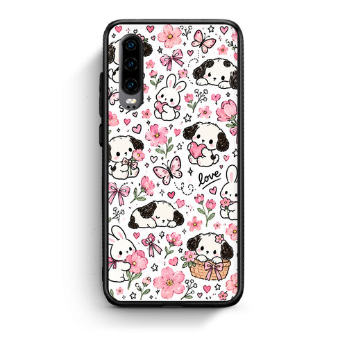 Θήκη Huawei P30 Pink Florals Puppies and Bunnies on White από τη Smartfits με σχέδιο στο πίσω μέρος και μαύρο περίβλημα | Huawei P30 Pink Florals Puppies and Bunnies on White case with colorful back and black bezels