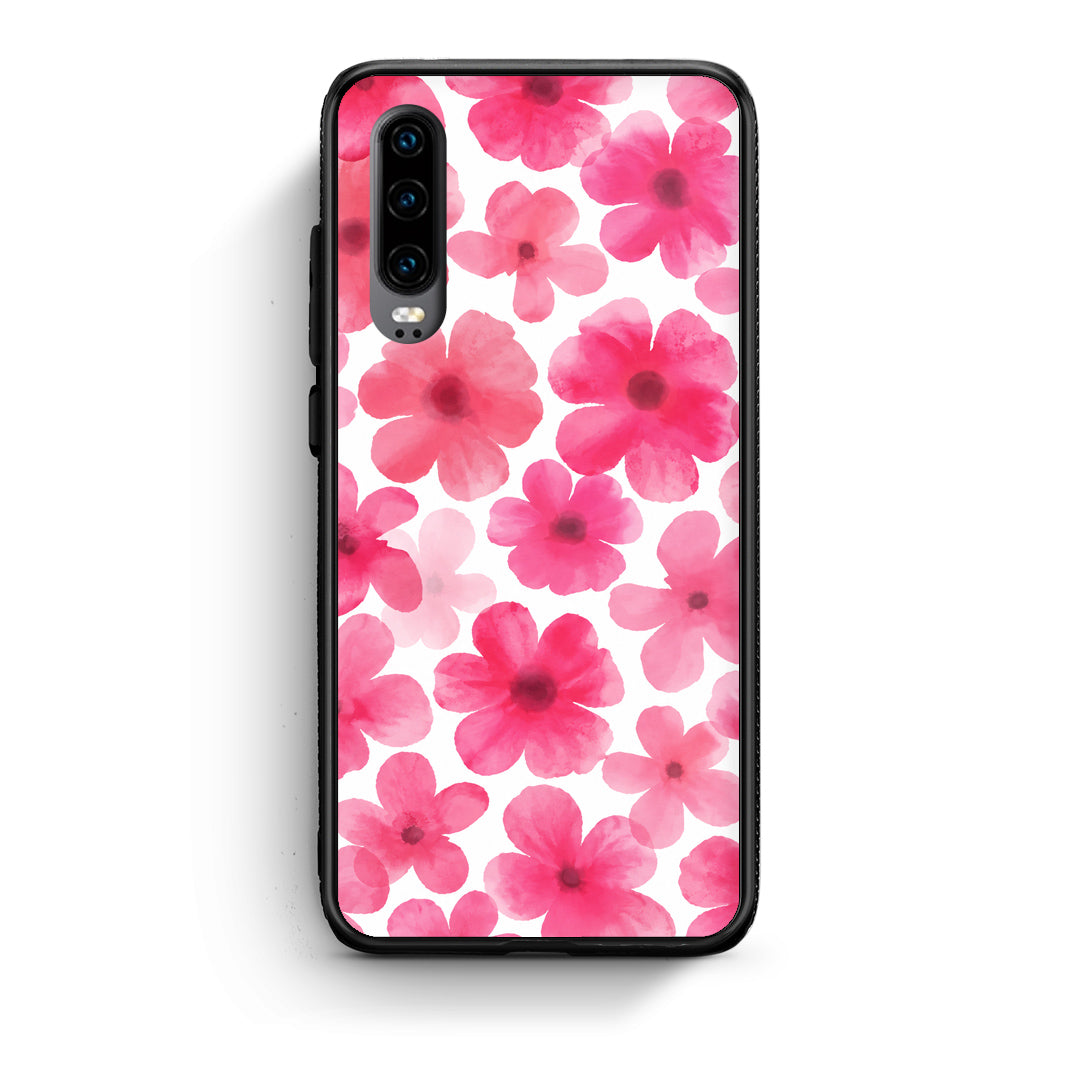 Θήκη Huawei P30 Pink Watercolour Flowers on White από τη Smartfits με σχέδιο στο πίσω μέρος και μαύρο περίβλημα | Huawei P30 Pink Watercolour Flowers on White case with colorful back and black bezels