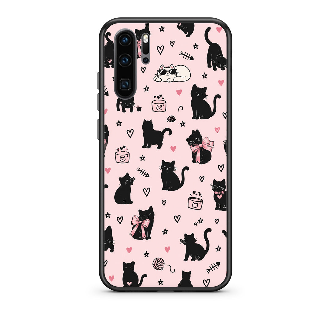 Θήκη Huawei P30 Pro Black Cat Doodles on Pink από τη Smartfits με σχέδιο στο πίσω μέρος και μαύρο περίβλημα | Huawei P30 Pro Black Cat Doodles on Pink case with colorful back and black bezels