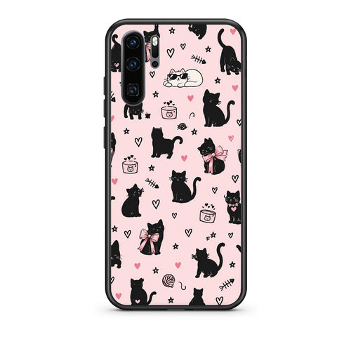 Θήκη Huawei P30 Pro Black Cat Doodles on Pink από τη Smartfits με σχέδιο στο πίσω μέρος και μαύρο περίβλημα | Huawei P30 Pro Black Cat Doodles on Pink case with colorful back and black bezels