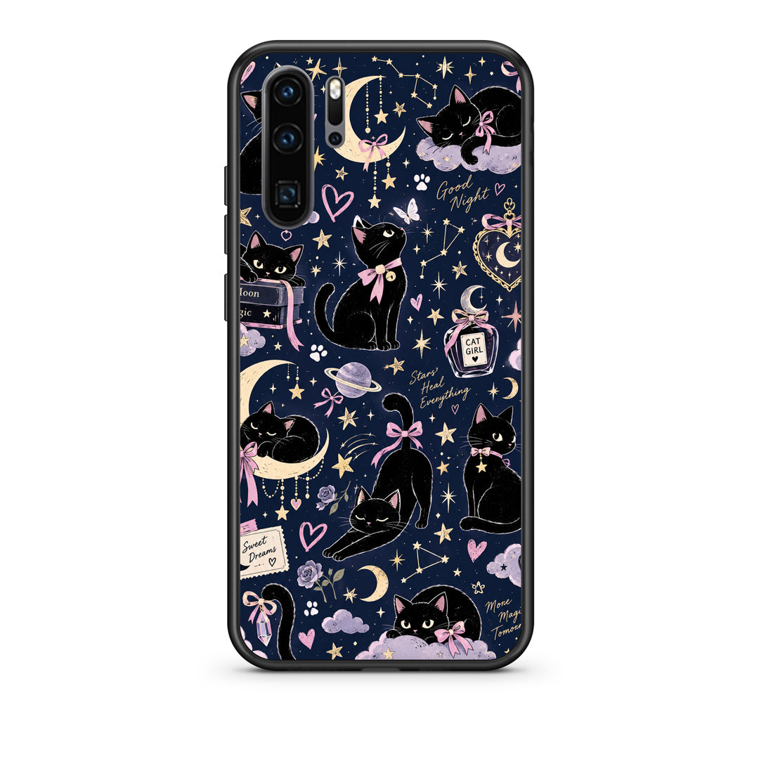 Θήκη Huawei P30 Pro Celestial Black Cats on Navy από τη Smartfits με σχέδιο στο πίσω μέρος και μαύρο περίβλημα | Huawei P30 Pro Celestial Black Cats on Navy case with colorful back and black bezels