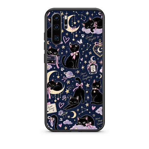 Θήκη Huawei P30 Pro Celestial Black Cats on Navy από τη Smartfits με σχέδιο στο πίσω μέρος και μαύρο περίβλημα | Huawei P30 Pro Celestial Black Cats on Navy case with colorful back and black bezels