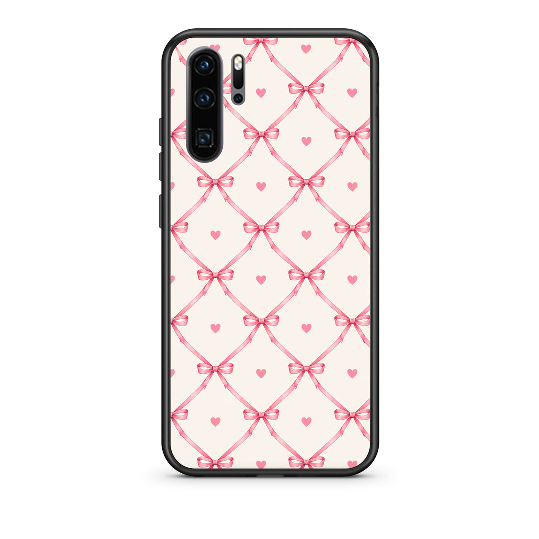 Θήκη Huawei P30 Pro Pink Bow Lattice and Hearts on Cream από τη Smartfits με σχέδιο στο πίσω μέρος και μαύρο περίβλημα | Huawei P30 Pro Pink Bow Lattice and Hearts on Cream case with colorful back and black bezels