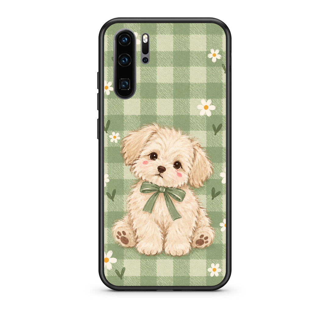 Θήκη Huawei P30 Pro Puppy and Daisies on Sage Gingham από τη Smartfits με σχέδιο στο πίσω μέρος και μαύρο περίβλημα | Huawei P30 Pro Puppy and Daisies on Sage Gingham case with colorful back and black bezels