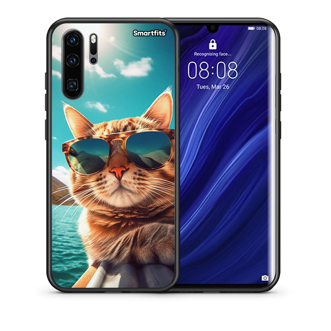 Θήκη Huawei P30 Pro Summer Cat από τη Smartfits με σχέδιο στο πίσω μέρος και μαύρο περίβλημα | Huawei P30 Pro Summer Cat case with colorful back and black bezels