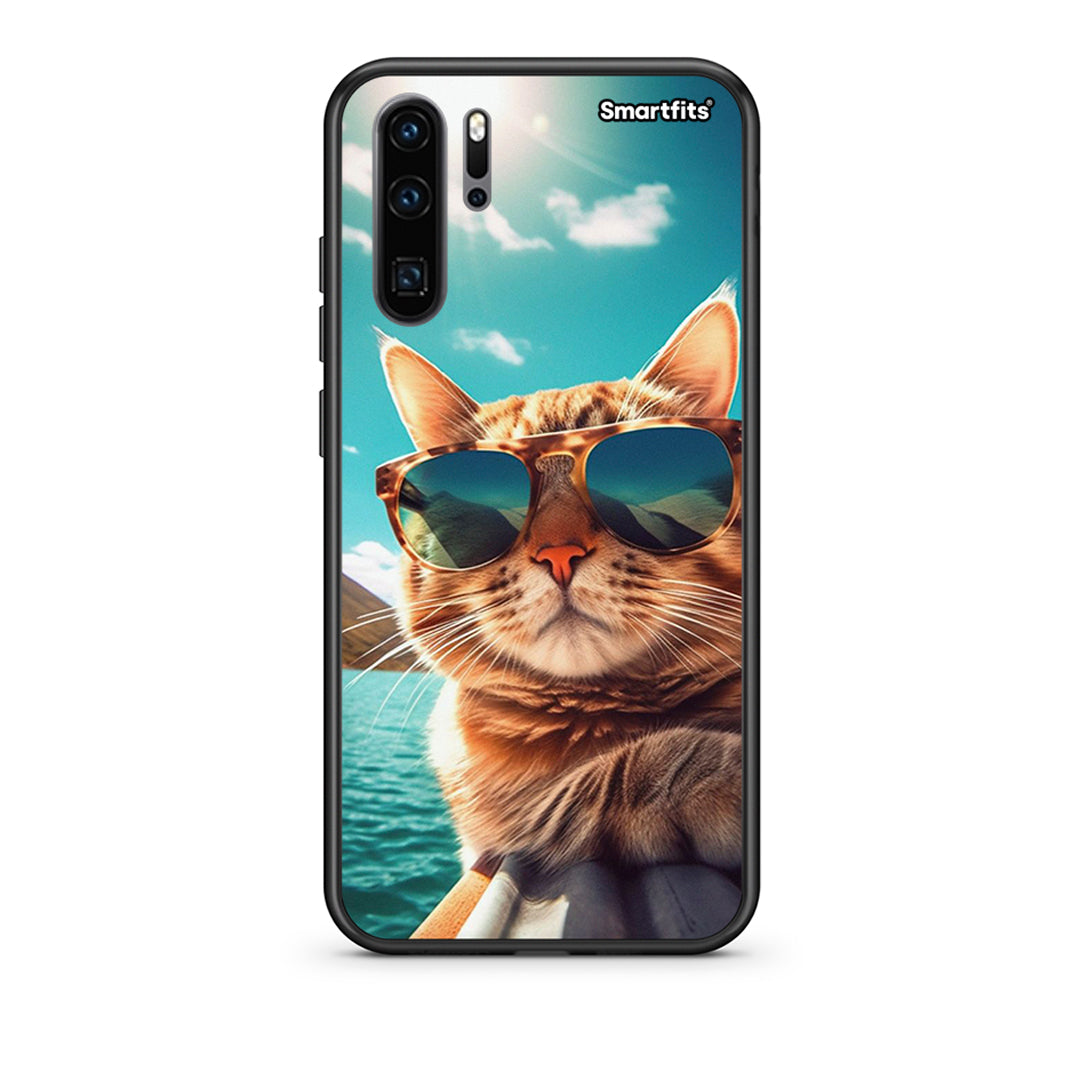 Huawei P30 Pro Summer Cat θήκη από τη Smartfits με σχέδιο στο πίσω μέρος και μαύρο περίβλημα | Smartphone case with colorful back and black bezels by Smartfits