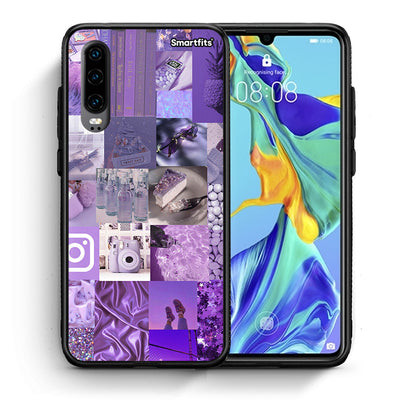 Θήκη Huawei P30 Purple Aesthetic Collage από τη Smartfits με σχέδιο στο πίσω μέρος και μαύρο περίβλημα | Huawei P30 Purple Aesthetic Collage case with colorful back and black bezels